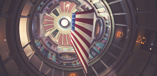 American Flag Hanging Inside Old Courthouse