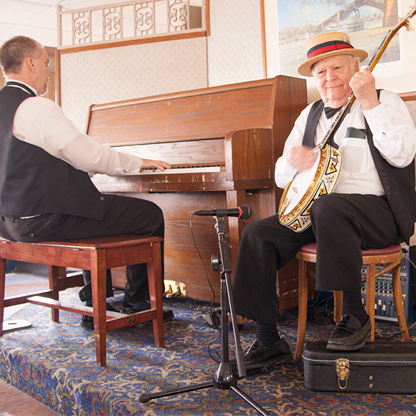 Dixieland band musicians play on the riverboat