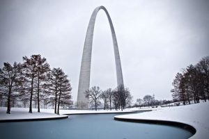The Gateway Arch grounds covered in snow
