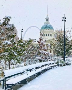 View of the Arch and Old Courthouse from Kiener Plaza in the snow
