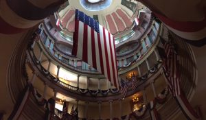 The American Flag hangs from the ornate rotunda of the Old Courthouse in St. Louis