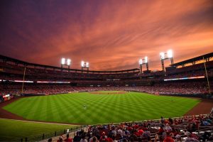 Busch Stadium's field at sunset 