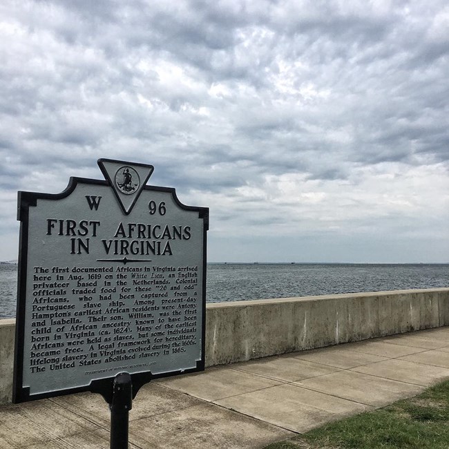 State marker noting the first Africans in Virginia, located just outside Fort Monroe National Monument.