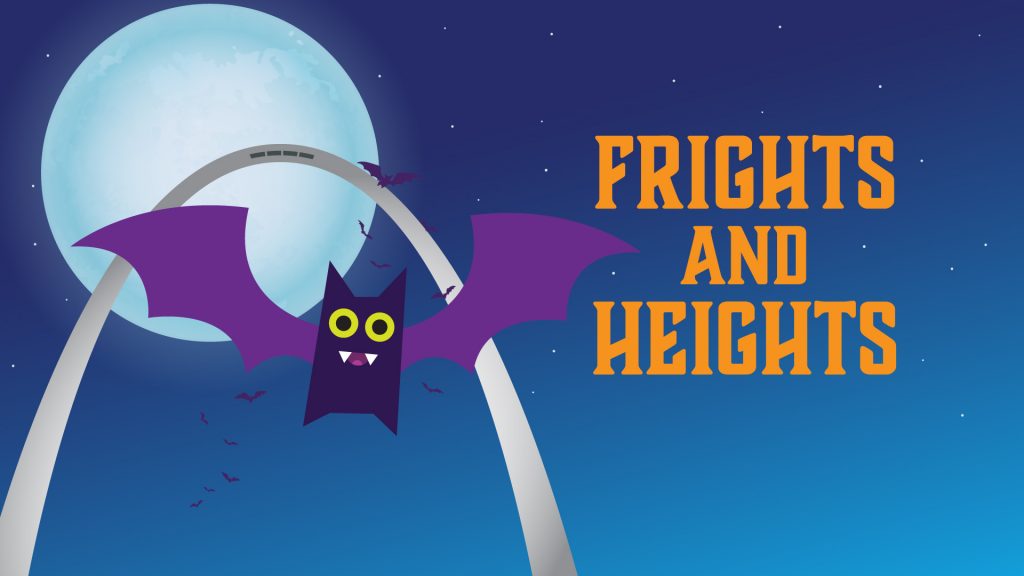 A purple bat flies through the legs of the Gateway Arch while the moon illuminates the night sky
