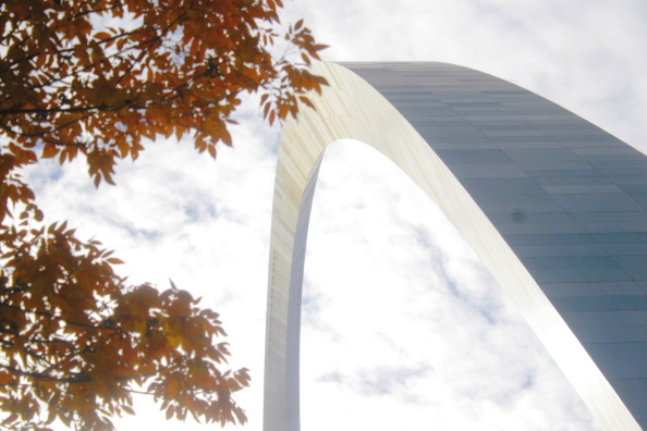 Leaves fall around the Gateway Arch
