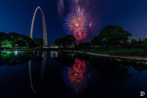 Fireworks around the Arch at night