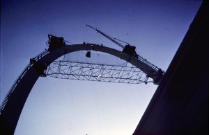 The keystone of the Gateway Arch is being inserted on October 28, 1965.