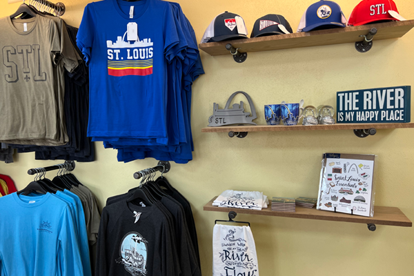 Various St. Louis themed T-shirts, hats, coasters and other items in the Riverboat gift shops