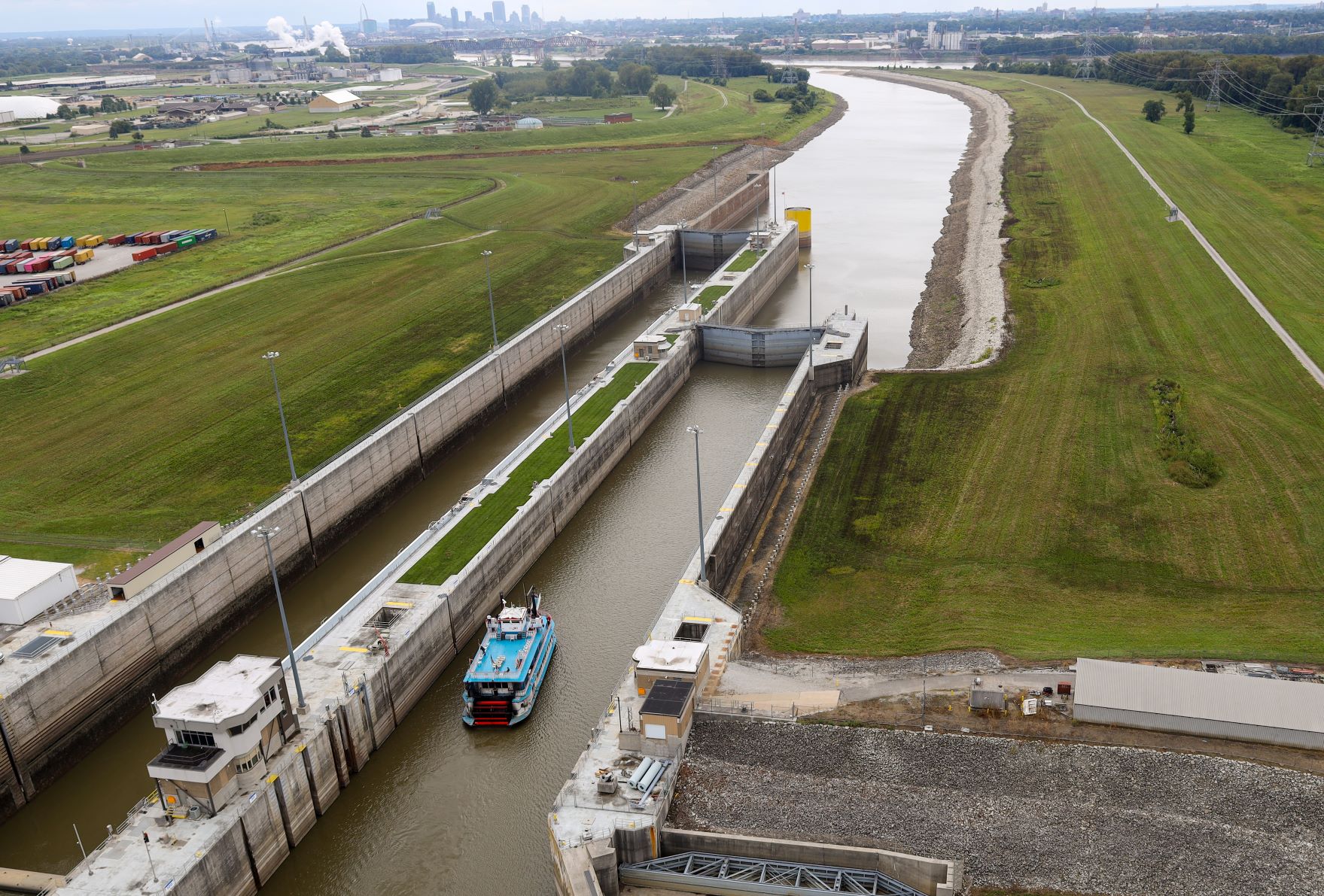 Aerial view of a Riverboat at the Gateway Arch entering the lock system on a Lock-N-Dam Cruise with a view of downtown St. Louis in the background.