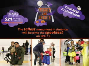 Pop up promoting Frights & Heights at the Gateway Arch on Oct. 15 with photos of the Arch at night under a cloudy sky, children and their parents dressed Halloween costumes, dancing and enjoying the evening at the Gateway Arch.