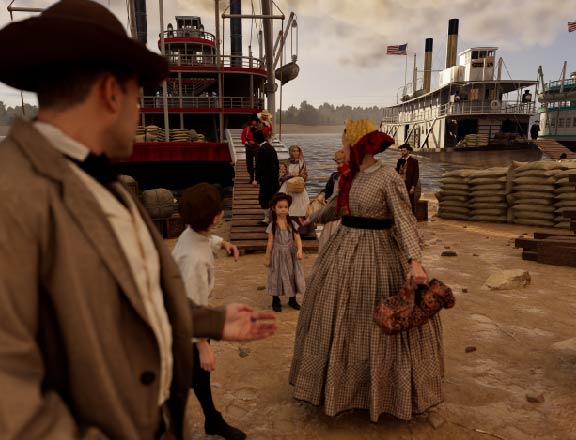 Anna Horman, a 4o year old women in a brown and white checkered dress and a yellow and red bonnet is reaching behin her with her hand out to her daughter as they are walking the ramp off a steamboat on the Mississippi River.