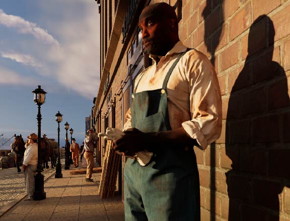 Virtual reality image of John Parker, a 42 year old African American man against a brick wall in a white shirt and denim overalls.