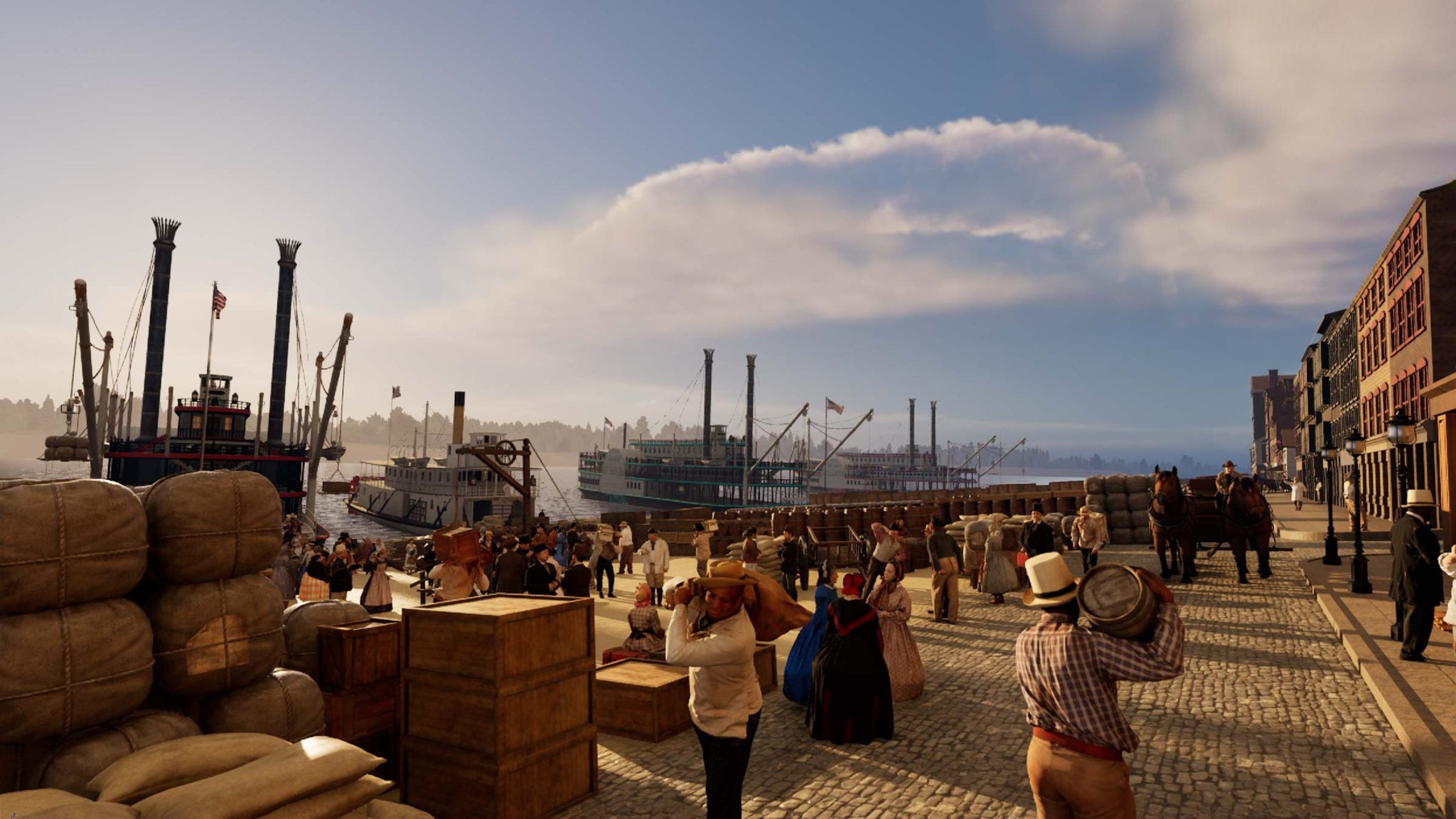 Depiction of the 1850's era St. Louis riverfront. Scene contains four ships docked on the Mississippi River levee, with cargo and people standing on the cobblestones of the levee. On the far right of the screen is a row non-descript buildings.