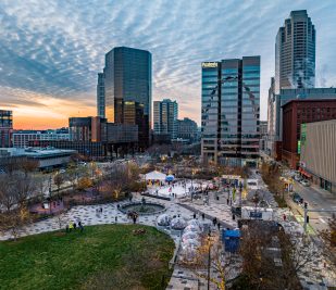 Aerial image of Kiener Plaza decorated for Winterfest. Provided by Gateway Arch Park Foundation.
