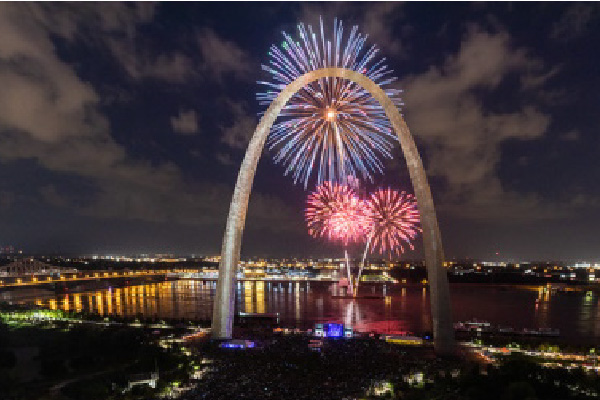An aerial view of the Gateway Arch with fireworks explode behind it over the Mississippi River.