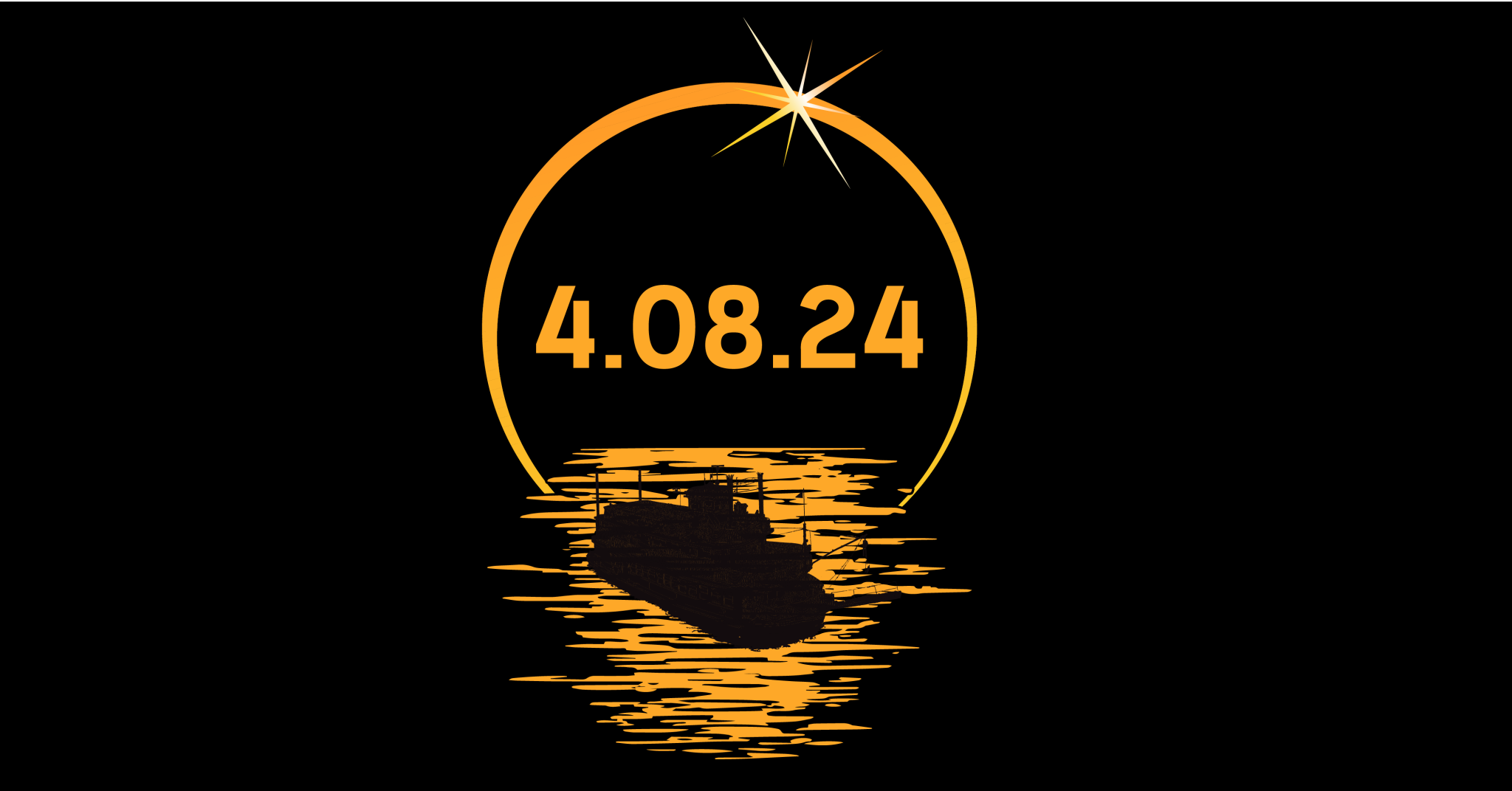 black background with an image of an eclipse over the water with a riverboat on it