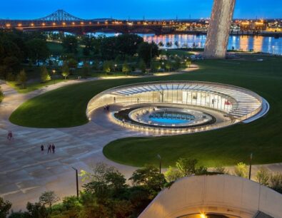 Aerial view of the Visitor Center to Gateway Arch National Park during the evening.