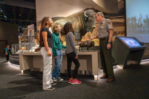 Three young students talk to a Gateway Arch National Park ranger in the Museum in front of a bison statue
