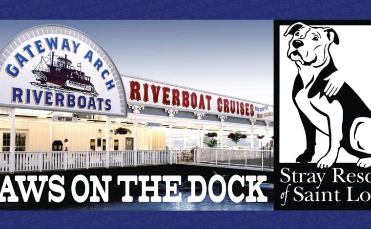 Image of the Riverboats at the Gateway Arch dock with the logo of Stray Rescue of St. Louis