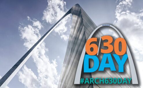 Close up image of the Gateway Arch with clouds in the background. In front of the Arch is a logo for #Arch630Day with the words 6/30 Day and #Arch630Day.