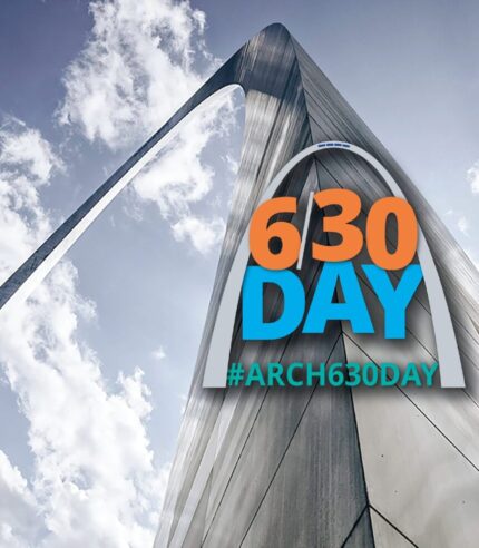 Close up image of the Gateway Arch with clouds in the background. In front of the Arch is a logo for #Arch630Day with the words 6/30 Day and #Arch630Day.