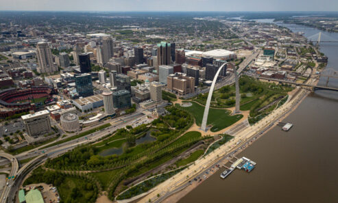 Aerial image of Gateway Arch National Park and the St. Louis Riverfront.