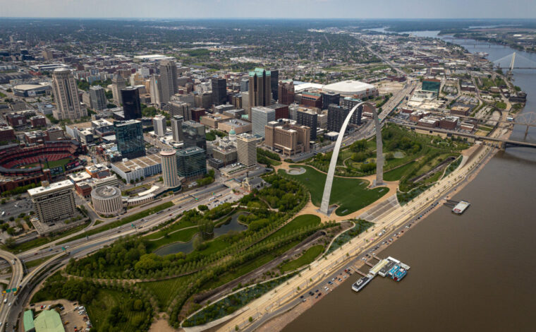 Aerial image of Gateway Arch National Park and the St. Louis Riverfront.