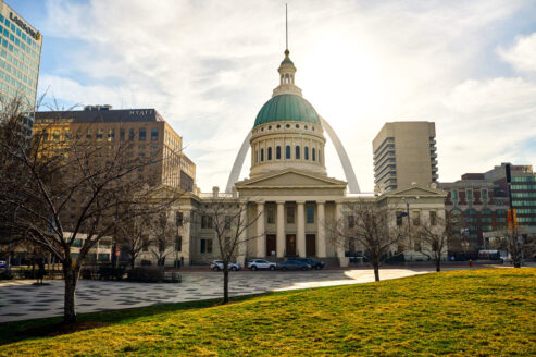 View of the Old Courthouse with the Gateway Arch peaking out from behind it