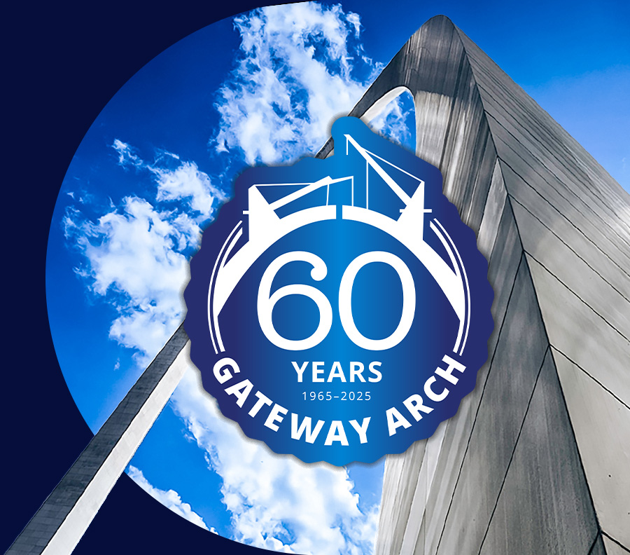 Blue seal with 60 years Gateway Arch on an image of a blue sky with the Gateway Arch in the background