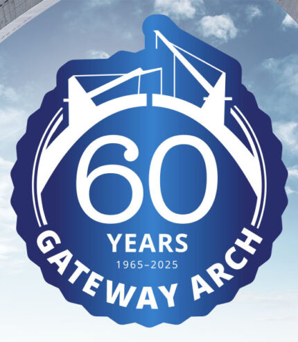 Blue seal with 60 years Gateway Arch on an image of a blue sky with the Gateway Arch in the background