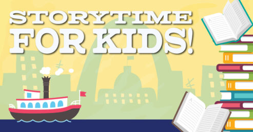 Poster for the Storytime For Kids event at the Riverboats at the Gateway Arch showing a stack of books, a riverboat on the river and the St. Louis skyline.