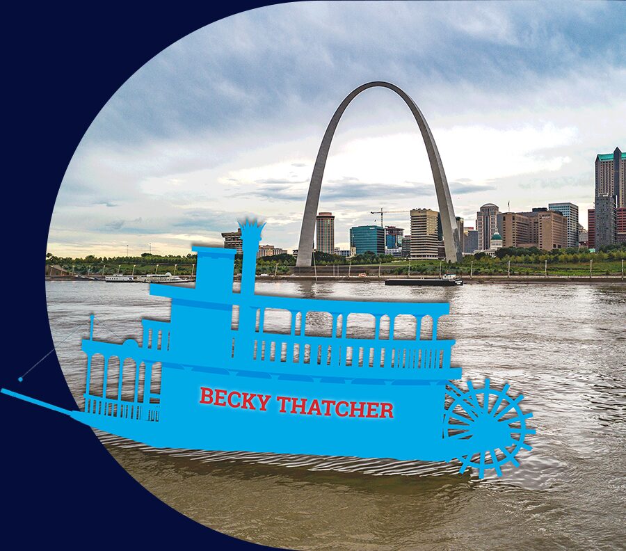 A cutout graphic of the silhouette of the new Becky Thatcher paddlewheel riverboat