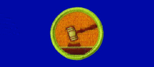 Image of a merit badge with a gavel on it.